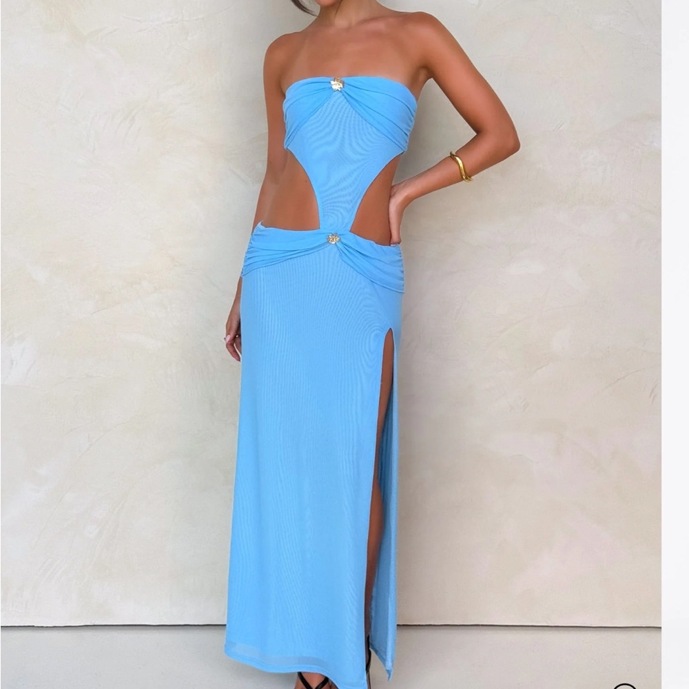Tiger Mist Blue Strapless Cutout Maxi Dress